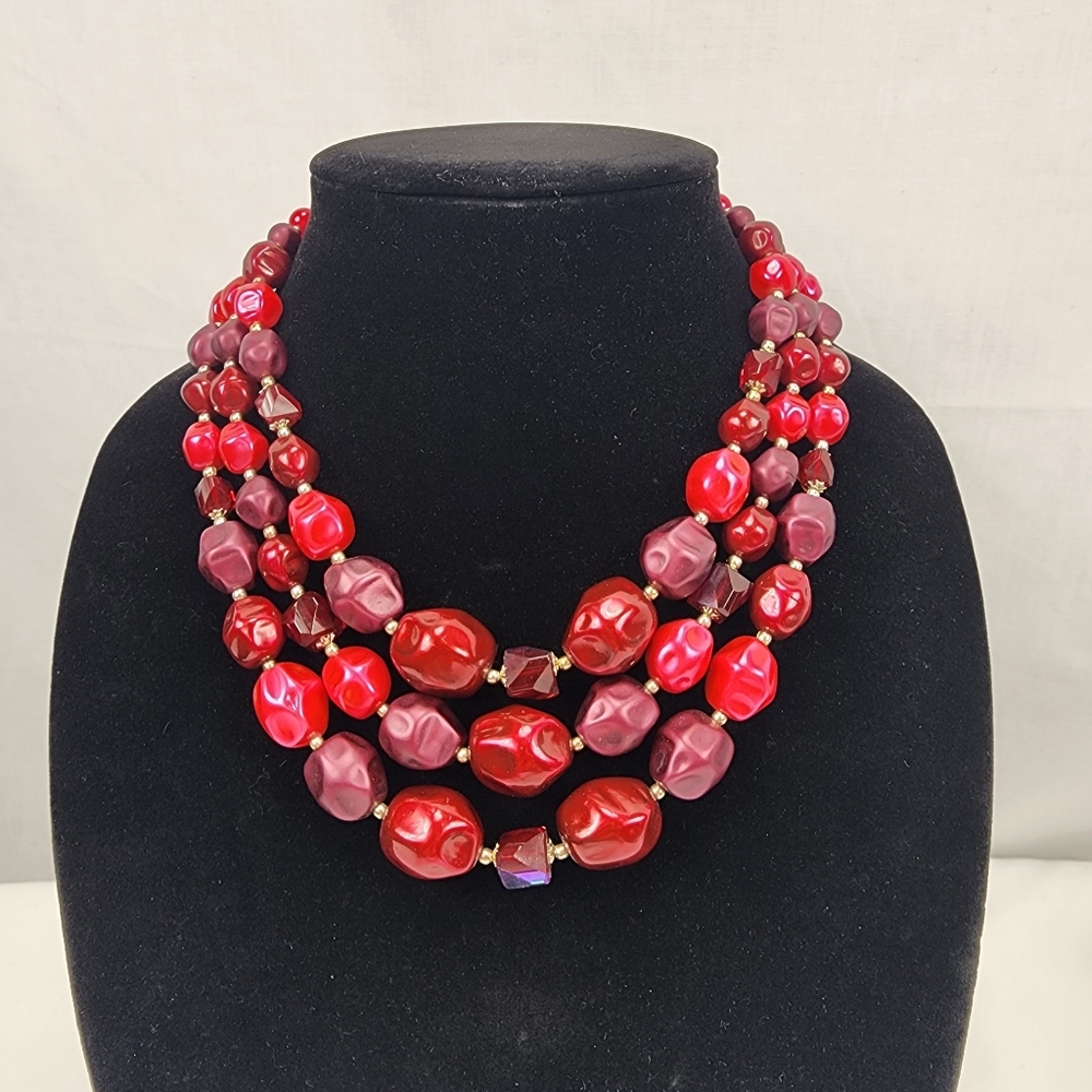 Cranberry and Gold Tone 3 Tier Beaded Necklace